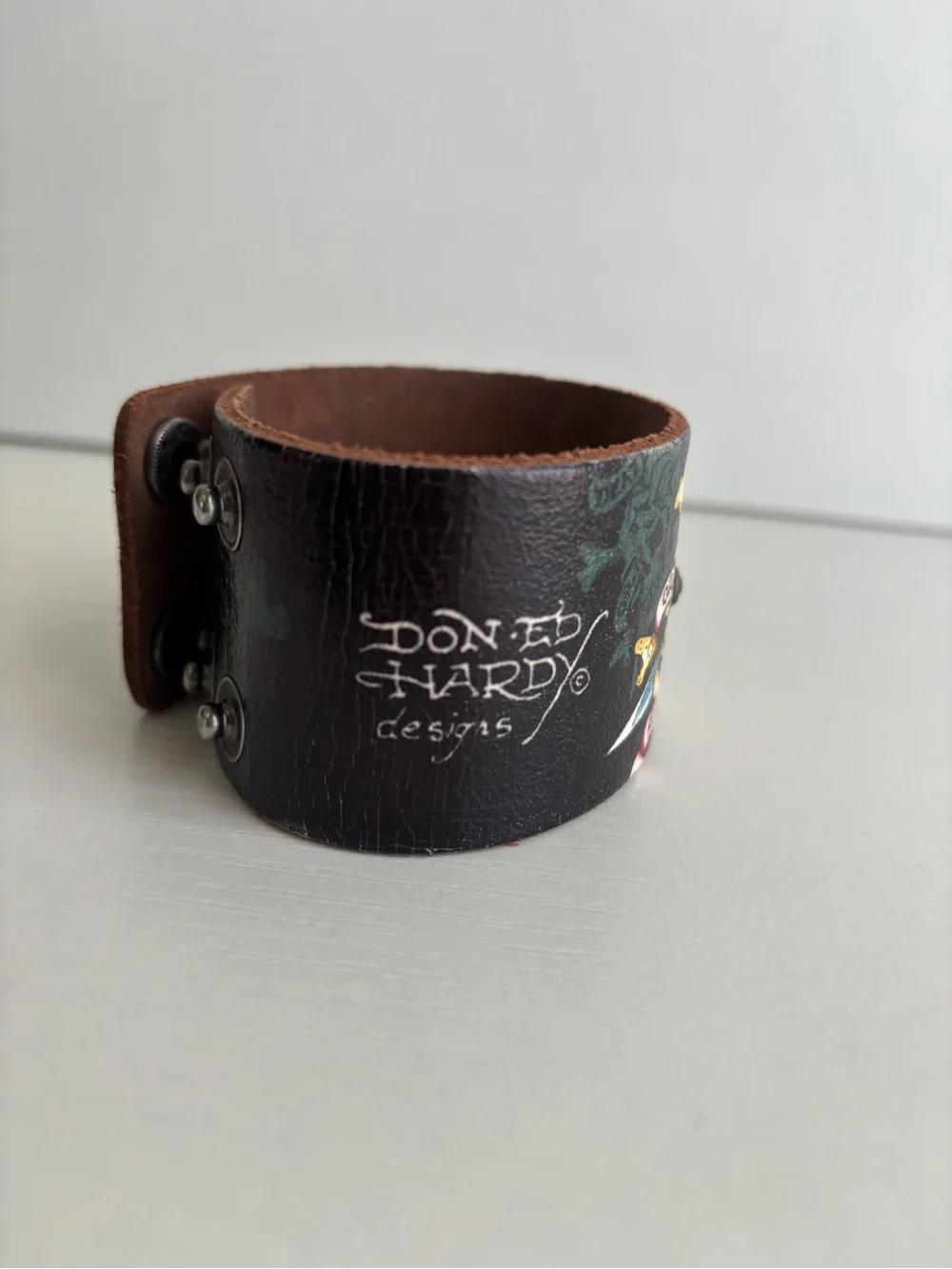 Ed Hardy Vintage Black Leather Skull & Crossbones Wide Cuff. Unisex. Y2K